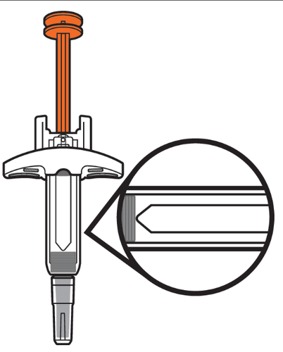 Dispositivo autoiniettante con stantuffo arancione e ingrandimento dell
