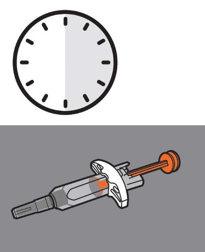 Orologio con lancetta che indica le 10 e penna iniettabile con ago arancione e dispositivo di sicurezza bianco