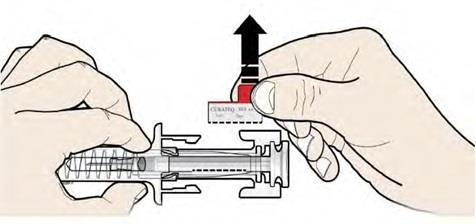 Mano che tiene un dispositivo autoiniettore con cartuccia trasparente e stantuffo nero spingendo verso l