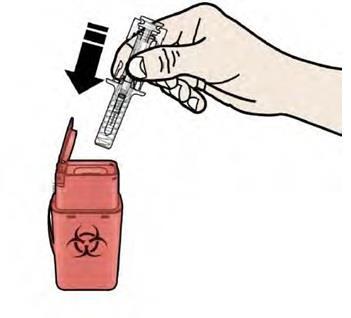 Siringa pre-riempita con ago protetto e contenitore rosso per oggetti taglienti con simbolo di rischio biologico aperto