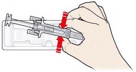 Siringa pre-riempita con due frecce rosse che indicano i punti di presa per rimuoverla dal blister trasparente