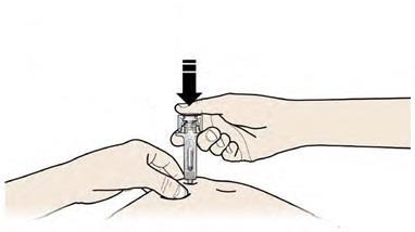 Mano che tiene una siringa preriempita con ago inserito nella pelle, freccia nera indica la pressione esercitata