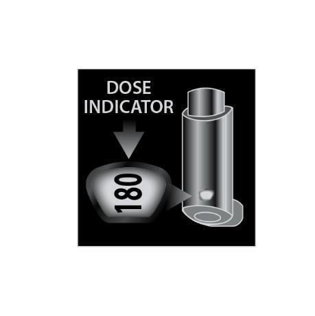 Indicatore di dose cilindrico grigio con freccia che punta al numero 180 in rilievo su sfondo scuro