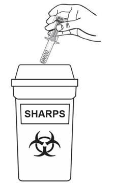 Mano che depone una siringa usata in un contenitore bianco con etichetta