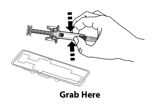 Siringa pre-riempita con dispositivo di sicurezza e freccia nera che indica la presa corretta per l