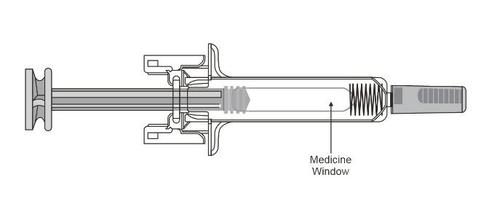 Siringa pre-riempita trasparente con stantuffo a molla e indicatore &ldquo;Medicine Window&rdquo; per visualizzare il farmaco