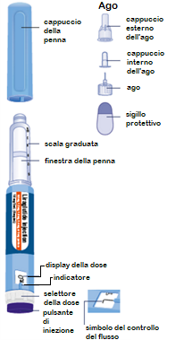 Penna per insulina con ago staccato, indicatore di dose, selettore della dose, pulsante di iniezione e sigillo protettivo visibili