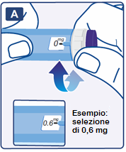 Siringa preriempita con stantuffo viola e indicazione 0 mg, freccia blu verso l