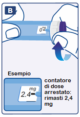 Penna iniettabile con indicatore di dose blu che mostra 0,2 e una freccia verso il basso, display con 2,4 mg rimasti