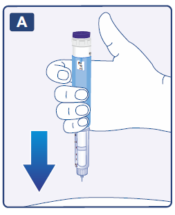 Mano che tiene un dispositivo per iniezione con ago rivolto verso il basso e freccia blu indicante la direzione di inserimento
