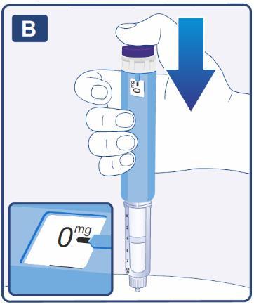 Mano che preme un dispositivo per iniezione con ago blu verso la pelle, con indicatore di dose a 0 mg e finestra di visualizzazione ingrandita