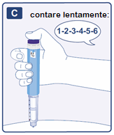 Mano che tiene un dispositivo per iniezione auto-somministrabile blu con numeri 1-2-3-4-5-6 in un fumetto sopra il braccio