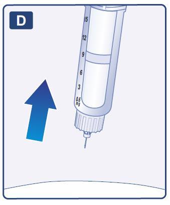 Siringa graduata trasparente con scala da 3 a 15 unit&agrave;, freccia blu che indica la direzione di iniezione e ago sottile rivolto verso il basso