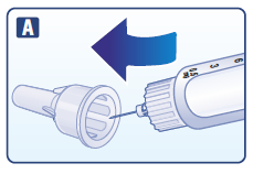 Siringa pre-riempita con ago inserito in un adattatore grigio e freccia blu che indica la direzione