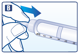 Mano che tiene una siringa pre-riempita con ago inserito, freccia blu indica la direzione di iniezione e scala graduata visibile sul corpo della siringa