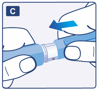 Mano che afferra una siringa preriempita con ago protetto, freccia blu indica la direzione di rimozione del cappuccio protettivo