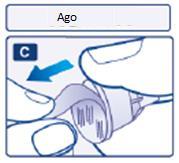 Mano che tiene un dispositivo autoiniettante con ago visibile e freccia blu che indica la direzione di inserimento
