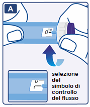Siringa pre-riempita con stantuffo viola e scala graduata da 0mg, freccia blu indica la selezione del simbolo di controllo del flusso