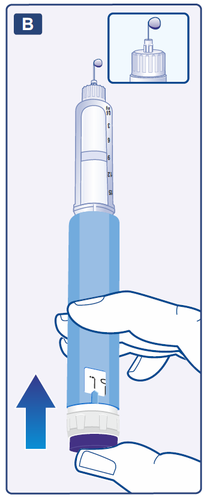 Penna per iniezione blu tenuta da una mano con display digitale e freccia blu verso l