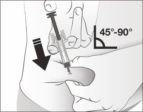 Iniezione sottocutanea con siringa, ago inserito nella pelle del braccio con angolo tra 45 e 90 gradi, freccia indica la direzione