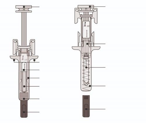 Siringhe preriempite con stantuffo a molla e ago protetto, vista esplosa dei componenti interni e del meccanismo di rilascio