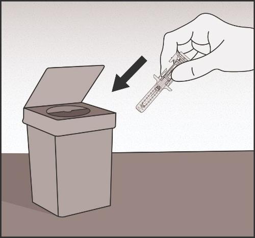 Siringa preriempita che viene estratta da una confezione aperta con freccia nera indicante la direzione