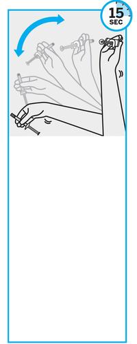 Mano che stringe un dispositivo medico con ago, freccia blu che indica la direzione e cronometro con 15 secondi indicati