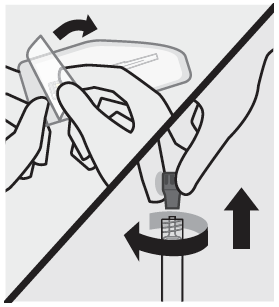 Dispositivo autoiniettante con ago rivolto verso il basso e freccia che indica la direzione di inserimento nella cartuccia