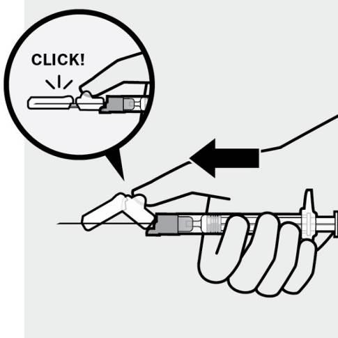 Mano che tiene un dispositivo di iniezione pre-riempito con ago protetto e meccanismo di attivazione indicato da una freccia e scritta CLICK