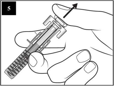 Mano che tiene un dispositivo autoiniettante con ago esposto e freccia che indica la direzione di pressione