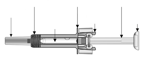 Siringa schematica con stantuffo visibile, ago e meccanismo di rilascio del farmaco illustrato con frecce direzionali