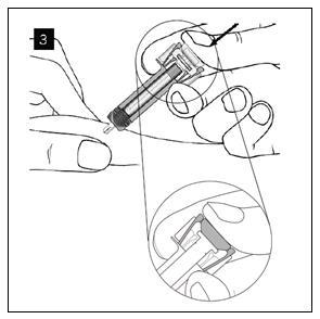 Dispositivo autoiniettante con ago esposto tenuto da una mano, dettaglio ingrandito del meccanismo di iniezione e istruzioni schematiche