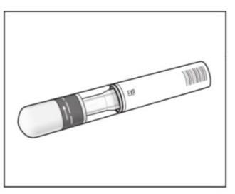 Siringa preriempita trasparente con stantuffo nero e indicatore di dose laterale con la scritta EXP
