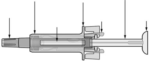 Siringa schematica con stantuffo, cilindro trasparente e ago evidenziati da frecce direzionali laterali