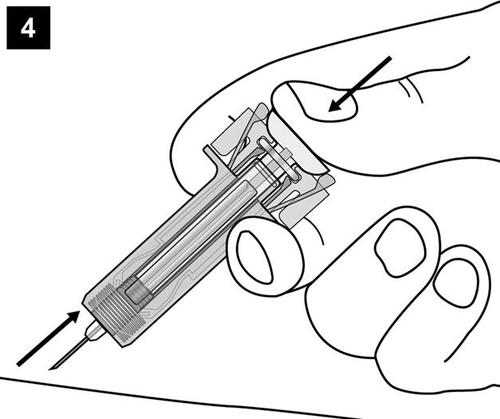 Siringa pre-riempita con ago inserito nella pelle, frecce indicano direzione di inserimento e formazione del bollo cutaneo