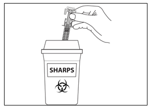Mano che getta una siringa usata in un contenitore rigido bianco con la scritta SHARPS e simbolo di rischio biologico