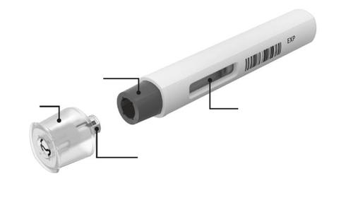 Siringa preriempita con stantuffo trasparente e ago protetto da cappuccio di sicurezza bianco