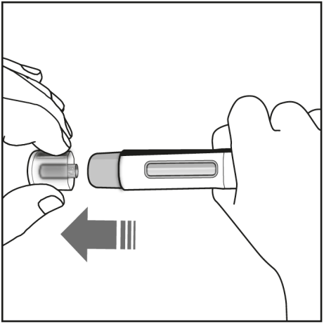 Mani che tengono un dispositivo medico con ago protetto e meccanismo di estrazione, freccia grigia indica la direzione
