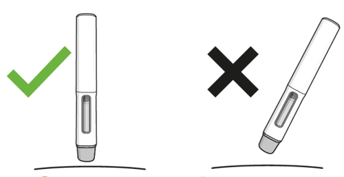 Penna iniettabile corretta con segno di spunta verde e penna iniettabile errata con croce rossa su sfondo bianco