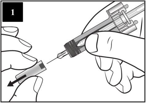 Mano che tiene un dispositivo per iniezione con ago inserito e cappuccio protettivo rimosso freccia indica direzione