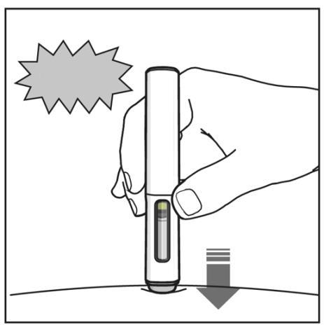 Penna iniettabile tenuta in mano che preme verso il basso sulla pelle con una finestra che mostra il livello del farmaco
