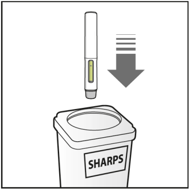 Penna per iniezione con ago rivolto verso un contenitore per oggetti taglienti etichettato