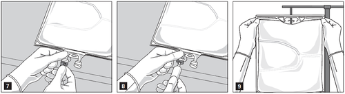 Tre fasi di preparazione e applicazione di un cerotto medicato con una busta trasparente e mani guantate