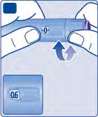 Dispositivo autoiniettante azzurro tenuto tra due dita con indicazione freccia verso l