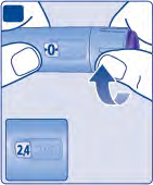 Penna iniettabile blu con numeri 0 e 24 visibili e freccia che indica l