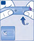 Dispositivo autoiniettante tenuto tra due dita con freccia che indica la pressione e finestra con indicatore a zero