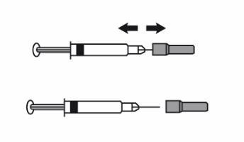 Siringa con due diverse configurazioni di ago, una retratta e una estesa, frecce nere indicano il movimento