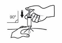 Mano che tiene una siringa, ago che penetra la pelle ad angolo retto indicato da un arco di 90 gradi con freccia direzionale