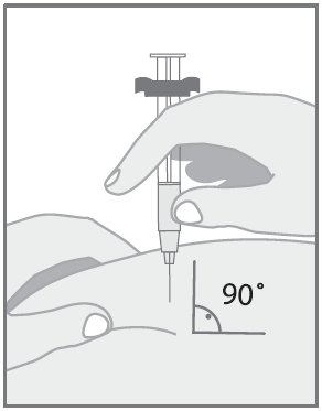 Mano che tiene una siringa con ago inserito perpendicolarmente nella pelle indicando un angolo di 90 gradi con evidenza grafica