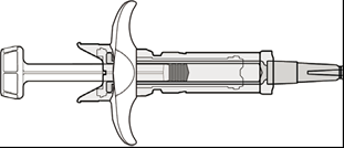 Siringa preriempita con stantuffo a farfalla e ago trasparente visibile, sezione trasversale dettagliata